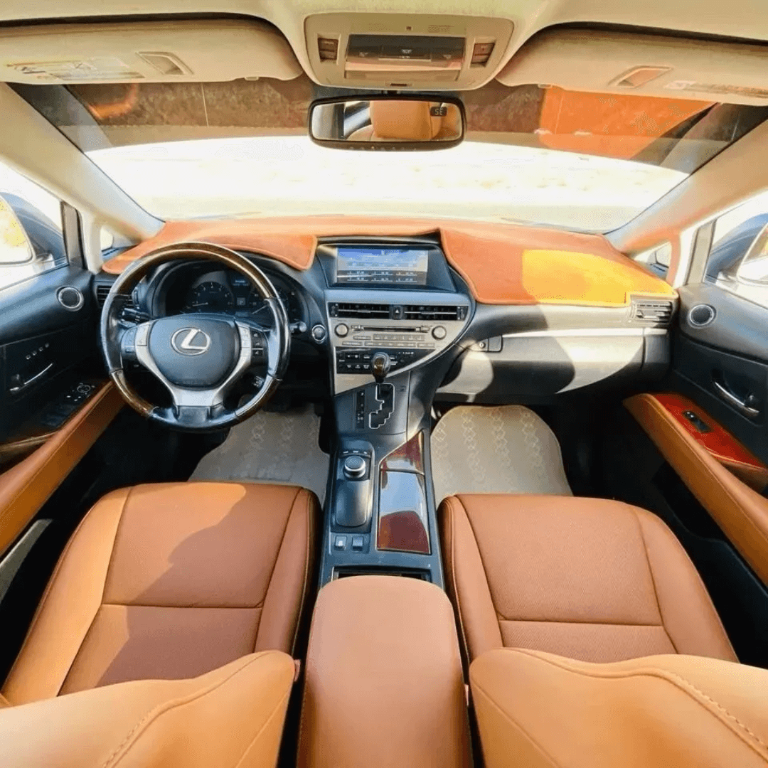 Interior of a Lexus RX350 featuring premium brown leather seat covers, custom-fitted for a luxurious look and feel, designed for 2010-2015 models.