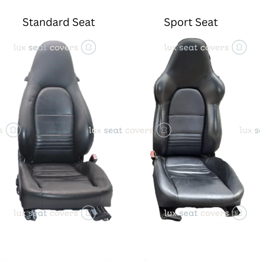 Comparison of standard and sport seats for premium car seat covers, showcasing black leather designs tailored for comfort and style.