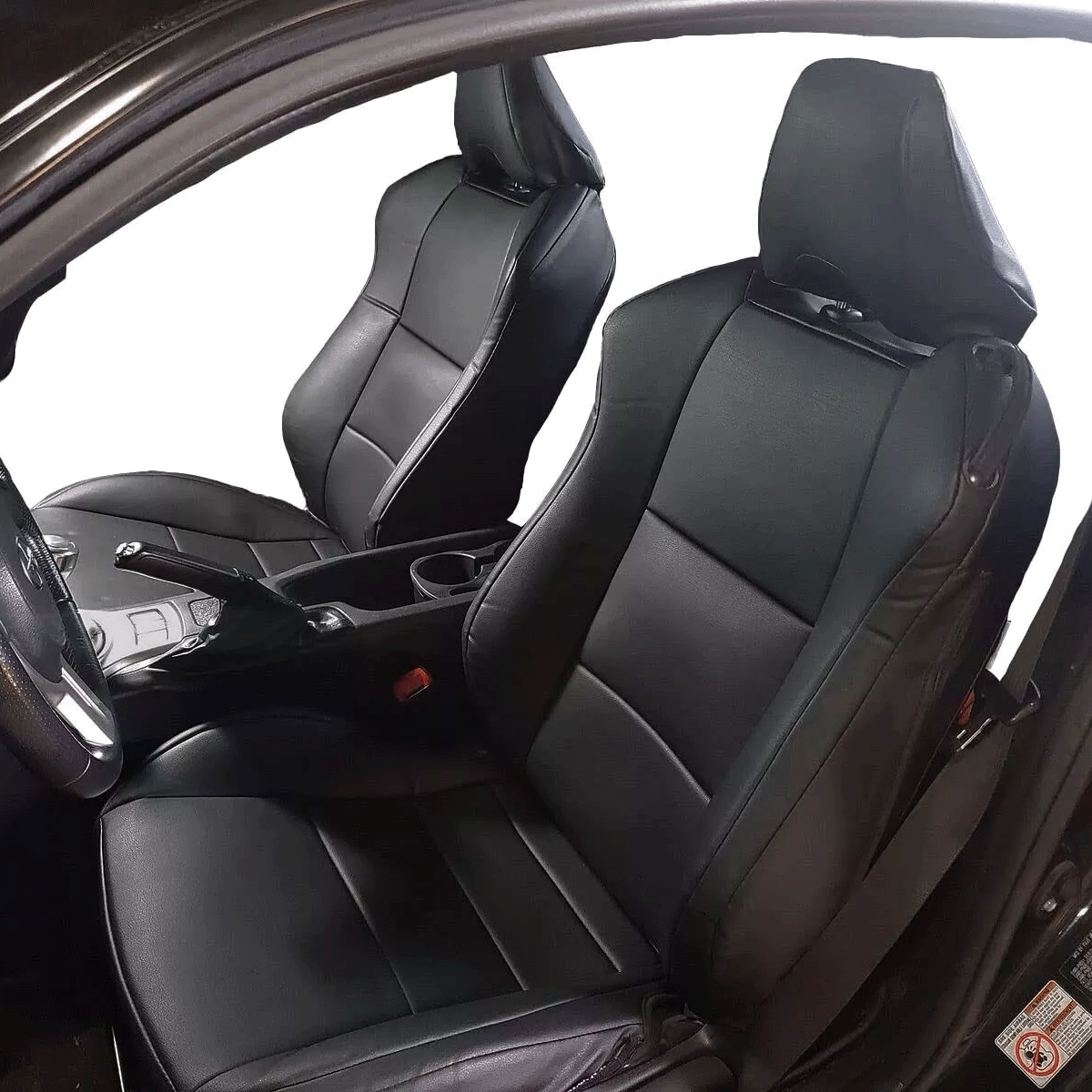 Custom black leather seat cover replacements for Toyota GT 86, Subaru BRZ, and Scion FR-S, competing with providers like Ridies, Lseat.com, and Katzkin. These seat covers are precisely crafted to meet OEM standards with high-quality materials, offering a sophisticated enhancement to the vehicle's interior.