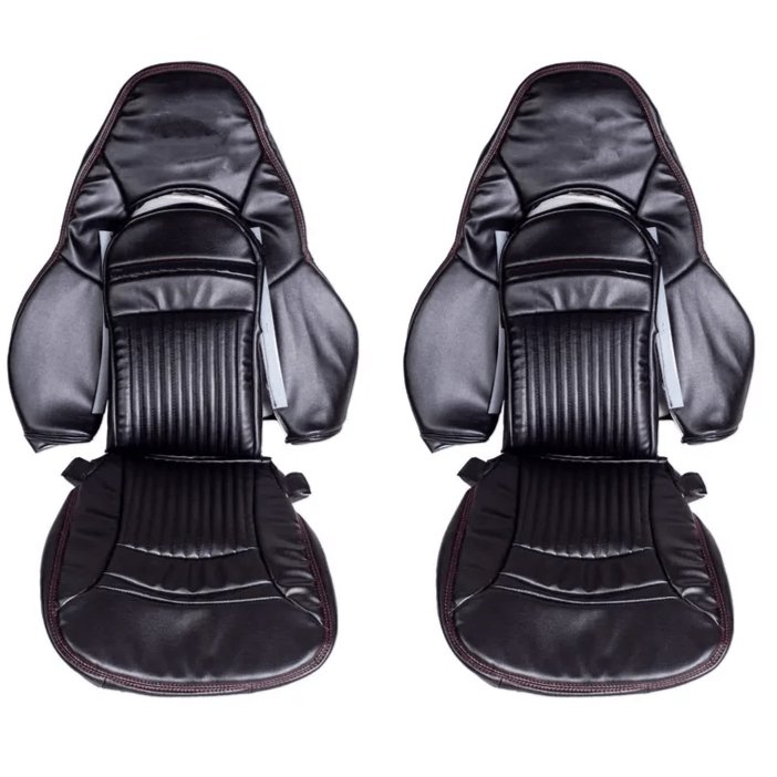 Pair of black leather replacement car seat covers for a Corvette C5, displayed side by side to show consistency in design and craftsmanship.