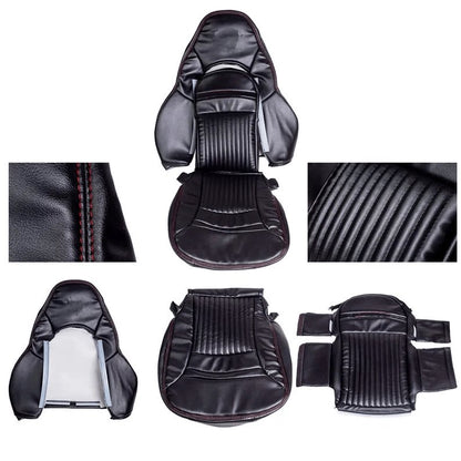 Collage of different views of a black leather replacement car seat cover for a Corvette C5, including front, back, and detailed stitching shots.