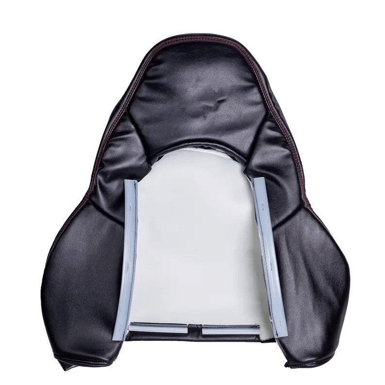 Back view of a black leather replacement car seat cover for a Corvette C5, highlighting the white fabric lining and reinforcement straps.