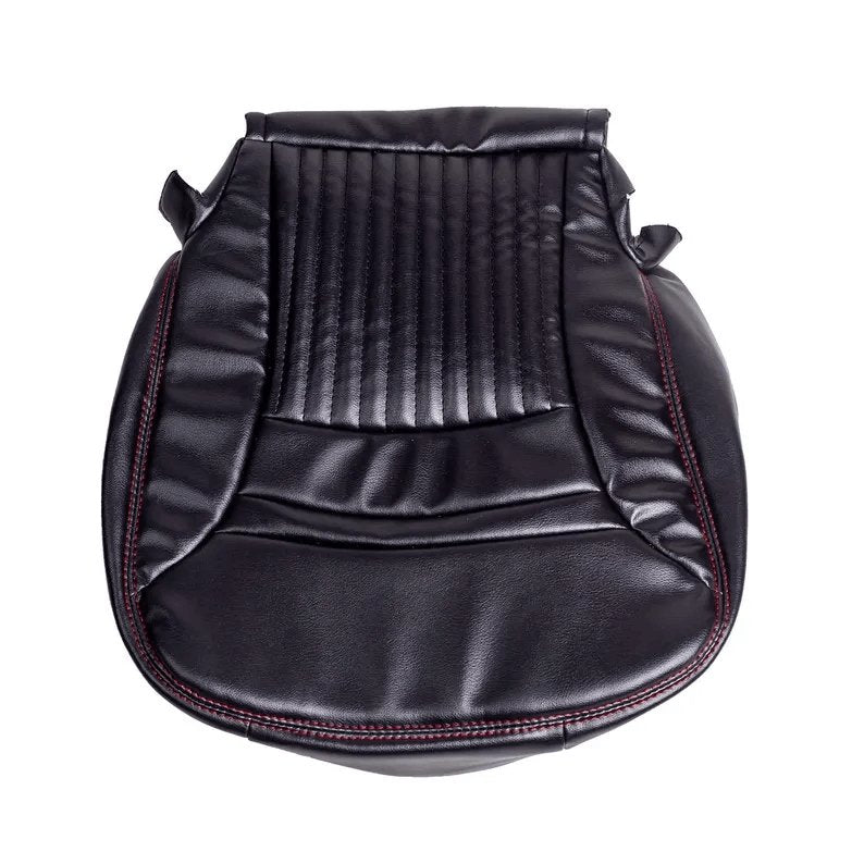 Front view of a black leather replacement car seat cover for a Corvette C5, showcasing the ribbed seating area and red stitching details.