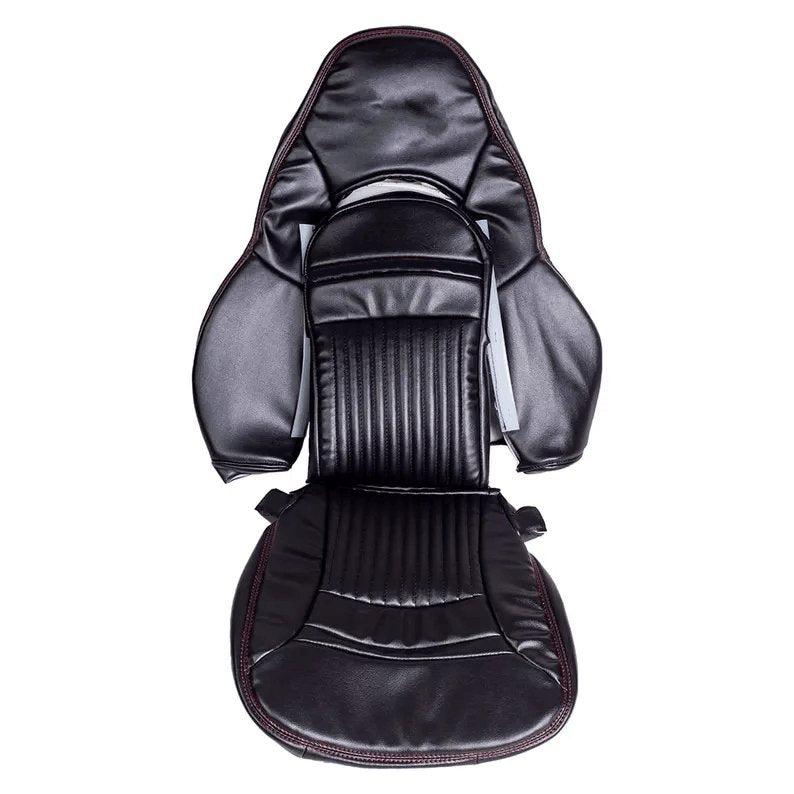 Full front view of a black leather replacement car seat cover for a Corvette C5, showcasing the ribbed seating area and the overall design.