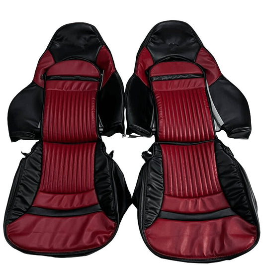 Set of custom black and burgundy faux leather car seat covers designed for Corvette C5. Features a burgundy pleated center, black side accents, and a black horizontal stripe. Includes individual and paired seat covers, with close-up views highlighting detailed stitching and high-quality materials, offering a stylish and durable upgrade to the car's interior.