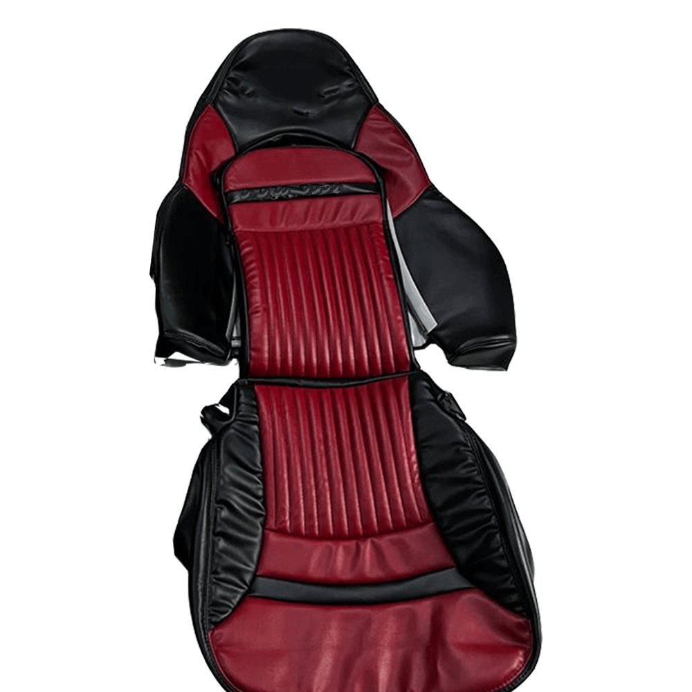 Set of custom black and burgundy faux leather car seat covers designed for Corvette C5. Features a burgundy pleated center, black side accents, and a black horizontal stripe. Includes individual and paired seat covers, with close-up views highlighting detailed stitching and high-quality materials, offering a stylish and durable upgrade to the car's interior.