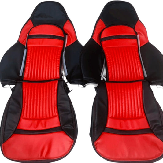 Set of Corvette C5 seat covers in black faux leather with bold red accents, designed to fit all model years of the Corvette C5. The covers feature ribbed red sections on the seat and backrest, providing both comfort and style. One cover showcases an embroidered 'Corvette' logo. These covers are tailored to enhance the Corvette's interior with a luxurious and sporty look.