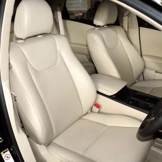 Beige leather seat covers installed in a Lexus RX350 RX450h, showcasing a clean and elegant interior upgrade for model years 2010-2015.