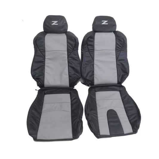 Nissan 350Z black and gray leather seat covers designed for 2003-2008 models, featuring a stylish two-tone design for a sleek interior upgrade.