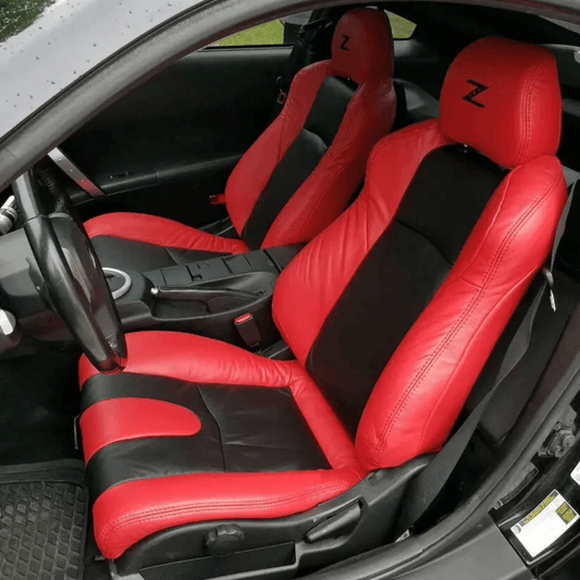 Bold black and red leather seat covers for Nissan 350Z, tailored for 2003-2008 models to add a sporty and stylish interior upgrade.