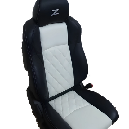 Premium black and white leather seat covers for Nissan 350Z, featuring a sleek diamond pattern for a luxurious and sporty look in 2003-2008 models.