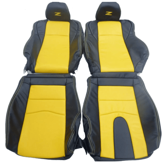 Complete set of black and yellow leather seat covers for Nissan 350Z, offering a sporty two-tone design for 2003-2008 models.